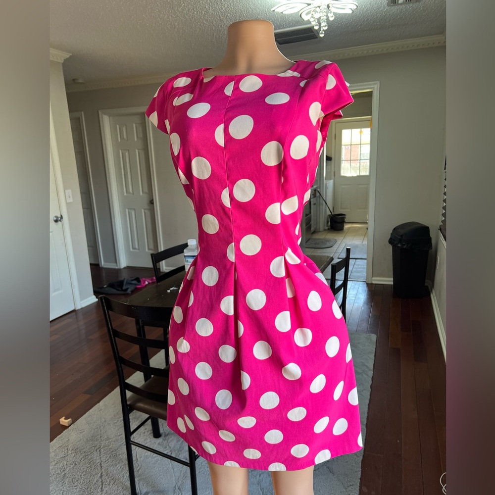 AGB Fuchsia Pink White Polka Dot Fit & Flare Dress - Retro Mod - 10